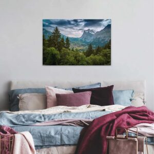 Bricoflor Alpen Landschaft Bild Leinwandbild In Blau Und Grün Für Schlafzimmer Und Wohnzimmer Canvas Leinwand Mit Berglandschaft Im Querformat
