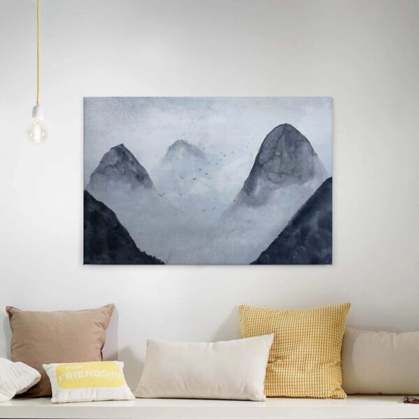 Bricoflor Aquarell Bild Mit Berglandschaft Canvas Leinwand Mit Bergen In Schwarz Weiß Keilrahmen Leinwandbild Mit Landschaft Und Vögeln