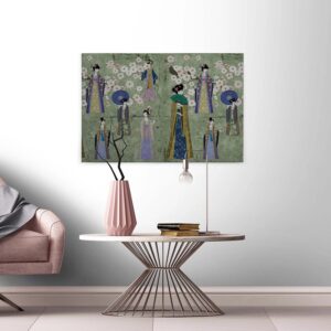 Bricoflor Asien Bild Auf Leinwand Grünes Wandbild Im Japan Stil Mit Kirschblüten Und Kimono Japanisches Leinwandbild Auf Keilrahmen Für Schlafzimmer