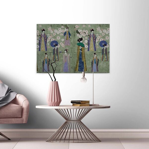 Bricoflor Asien Bild Auf Leinwand Grünes Wandbild Im Japan Stil Mit Kirschblüten Und Kimono Japanisches Leinwandbild Auf Keilrahmen Für Schlafzimmer
