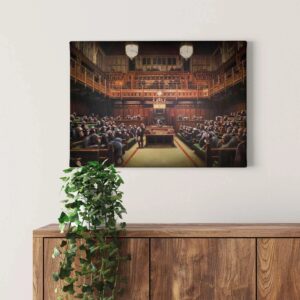 Bricoflor Ausgefallenes Wandbild Englisch Modernes Leinwand Bild Mit Schimpansen Im Unterhaus Kunst Leinwandbild Als Kunstdruck Für Wohnzimmer