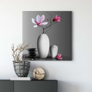 Bricoflor Badezimmer Und Flur Bild Mit Magnolie Leinwand Bild Mit Blume In Vase In Grau Und Pink Wellness Wandbild Mit Steinen Und Blüten