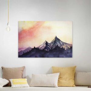Bricoflor Berg Aquarell Auf Leinwand Keilrahmen Bild Mit Berglandschaft In Rot Und Lila Winter Canvas Leinwandbild Im Querformat Für Schlafzimmer