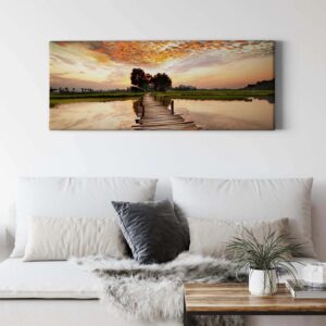Bricoflor Bild Auf Leinwand Mit Steg Motiv Landschaftsbild Mit See Und Feld Ideal Für Wohn Und Schlafzimmer Romantisches Seebild Mit Sonnenuntergang