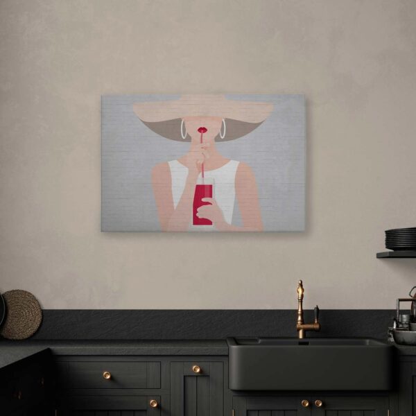 Bricoflor Bild Frau Mit Hut Und Roten Lippen In Steinoptik Deko Wandbild Im Retro Kunst Stil Leinwandbild Weiß Rot Für Küche