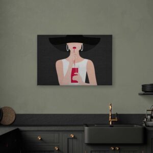 Bricoflor Bild Frau Mit Hut Und Roten Lippen Pop Art Leinwandbild In Steinoptik Schwarz Rot Deko Wandbild Für Küche 90 X 60 Cm