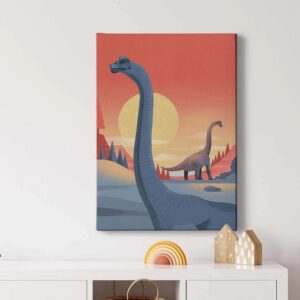 Bricoflor Bild Mit Dinosaurier Kinderzimmer Bild Mit Brachiosaurus Auf Leinwand Jungenzimmer Dino Wandbild In Rot Und Blau Im Grafik Stil