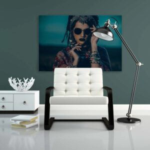 Bricoflor Bild Mit Frauengesicht Im Boho Chic Leinwandbild Mit Frau In Petrol Hippie Festival Wandbild Für Wohnzimmer 90 X 60 Cm