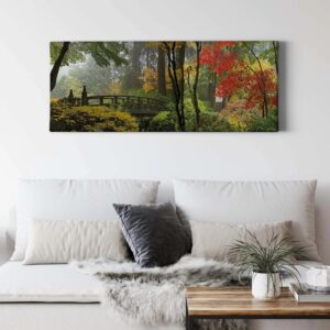 Bricoflor Bild Mit Japanischem Garten In Grün Und Rot Herbstwald Bild Auf Leinwand Ideal Für Schlafzimmer Wald Leinwandbild Mit Bäumen Und Brücke