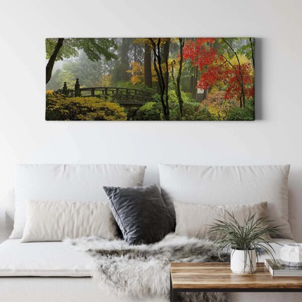 Bricoflor Bild Mit Japanischem Garten In Grün Und Rot Herbstwald Bild Auf Leinwand Ideal Für Schlafzimmer Wald Leinwandbild Mit Bäumen Und Brücke