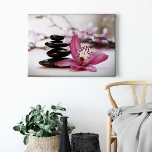 Bricoflor Bild Mit Orchidee Und Steinen Asiatisches Leinwand Bild Mit Wellness Design Schlafzimmer Und Badezimmer Wandbild In Pink Und Schwarz