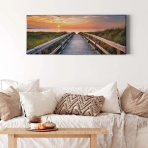 Bricoflor Bild Mit Steg Ins Meer Leinwandbild Mit Nordsee Motiv Für Schlafzimmer Und Esszimmer Lila Wandbild Mit Sonnenuntergang Und Dünen