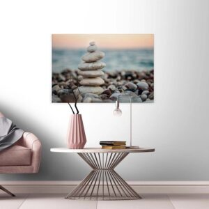 Bricoflor Bild Mit Steinen Auf Leinwand Strand Wandbild Mit Steinmännchen Ideal Für Schlaf Und Badezimmer Wellness Leinwandbild Mit Sonnenuntergang