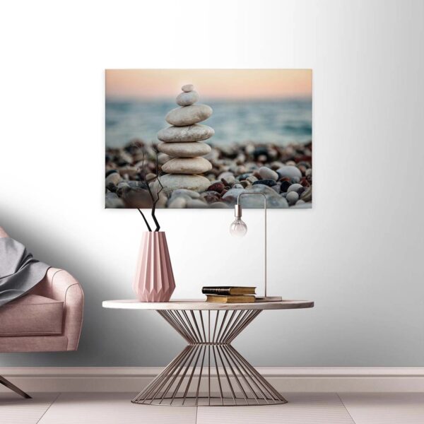 Bricoflor Bild Mit Steinen Auf Leinwand Strand Wandbild Mit Steinmännchen Ideal Für Schlaf Und Badezimmer Wellness Leinwandbild Mit Sonnenuntergang