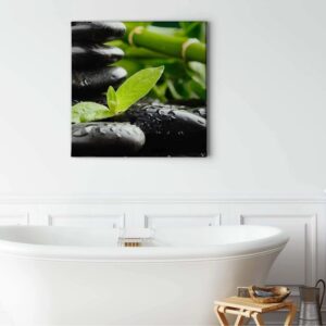 Bricoflor Bild Mit Steinen Auf Leinwand Zen Bild Mit Bambus Motiv In Grün Und Schwarz Asiatisches Wellness Wandbild Für Badezimmer Und Schlafzimmer