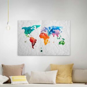 Bricoflor Bunte Landkarte Als Bild In Papier Optik Canvas Leinwand Mit Weltkarte Im Wasserfarben Stil Buntes Wandbild Für Kinderzimmer Und Wohnzimmer