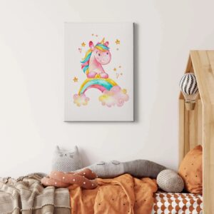 Bricoflor Buntes Einhorn Bild In Aquarell Optik Kinder Und Babyzimmer Wandbild Mit Regenbogen Und Sternen Wasserfarben Mädchenzimmer Leinwandbild