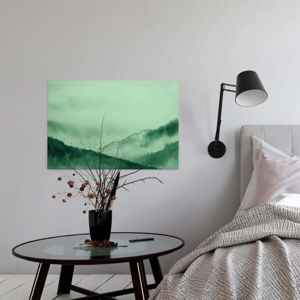 Bricoflor Grüne Leinwand Mit Landschaft Aquarell Bild Mit Bergen Und Vögeln Schlafzimmer Und Wohnzimmer Wandbild Mit Berglandschaft Im Querformat