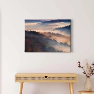Bricoflor Herbst Bild Mit Wald Im Nebel Wandbild Mit Sonnenuntergang Im Herbstwald Leinwandbild Mit Landschaft In Rosa Und Blau Für Schlafzimmer