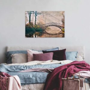 Bricoflor Herbst Leinwand Mit Sonnenstrahlen Wohnzimmer Und Schlafzimmer Leinwandbild Mit Brücke In Park Canvas Keilrahmen Wandbild In Braun Gold