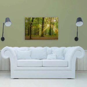 Bricoflor Herbstwald Leinwand Grün Deko Wandbild In 90 X 60 Cm Für Büro Und Schlafzimmer Bild Mit Wald In Sonne Romantisch