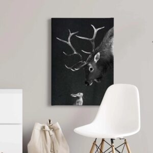 Bricoflor Hirsch Bild Mit Hase Schwarz Weiß Bild Auf Leinwand Mit Tier Motiv Im Winter Look Besonderes Wandbild Ideal Für Wohnzimmer Und Schlafzimmer