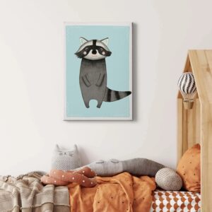 Bricoflor Kinderzimmer Bild Mit Waschbär Niedliches Bild Mit Tier Motiv Für Jungen Und Mädchen Hellblaues Wandbild Mit Bär In Schwarz Und Weiß