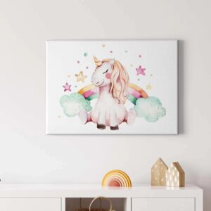 Bricoflor Kinderzimmer Wandbild Mit Einhorn Aquarell Bild Auf Leinwand Mit Sternen Und Regenbogen Wasserfarben Leinwandbild Ideal Für Mädchenzimmer
