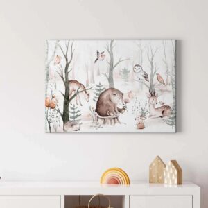 Bricoflor Kinderzimmer Wandbild Mit Tieren Leinwand Bild Mit Waldtieren Ideal Für Babyzimmer Aquarell Bild Auf Leinwand Mit Vögeln Und Rehen