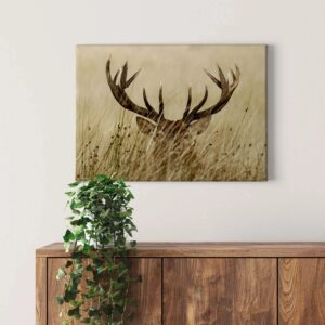 Bricoflor Landhaus Bild Mit Hirsch Tier Wandbild Mit Hirschgeweih Ideal Für Wohnzimmer Und Esszimmer Leinwandbild Mit Geweih In Grün Und Beige