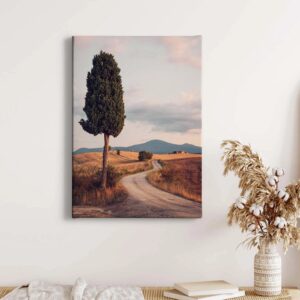 Bricoflor Landschaftsbild Mit Straße Leinwand Bild Mit Zypresse Für Schlaf Und Wohnzimmer Hochformat Leinwandbild Mit Landschaft Im Sonnenuntergang