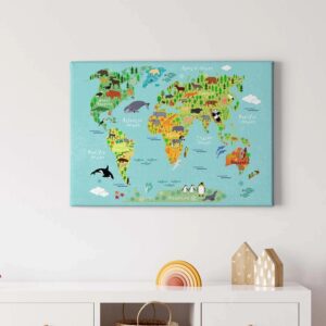 Bricoflor Leinwand Als Weltkarte Für Kinderzimmer Buntes Bild Mit Landkarte Für Mädchen Und Jungen Modernes Kinderzimmerbild Mit Tieren
