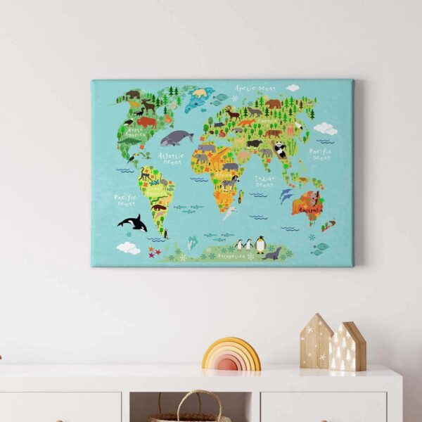 Bricoflor Leinwand Als Weltkarte Für Kinderzimmer Buntes Bild Mit Landkarte Für Mädchen Und Jungen Modernes Kinderzimmerbild Mit Tieren