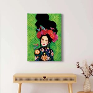 Bricoflor Leinwand Bild Mit Blumenkopf Buntes Wandbild Mit Frau Mit Blumen Auf Dem Kopf Modernes Kunst Leinwandbild Mit Vögeln Im Hochformat