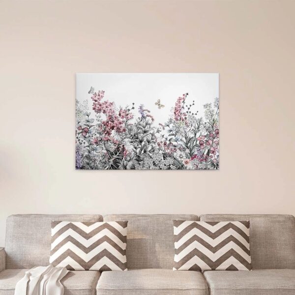 Bricoflor Leinwand Bild Mit Frühlingsblumen Und Schmetterling Blumenbild In Grün Und Rosa Für Kinderz Und Schlafzimmer Canvas Wandbild Mit Blumenwiese