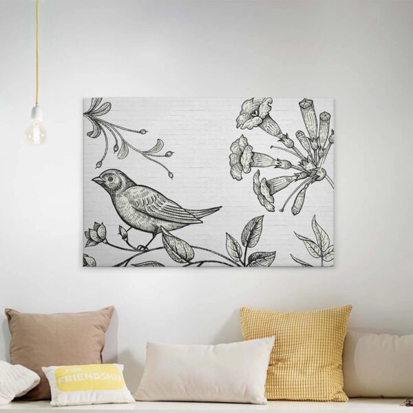 Bricoflor Leinwand Bild Mit Gezeichnetem Vogel Schwarz Weiß Botanik Industrial Style Leinwandbild In Holzschnitt Optik Wohnzimmer Wandbild Auf Canvas