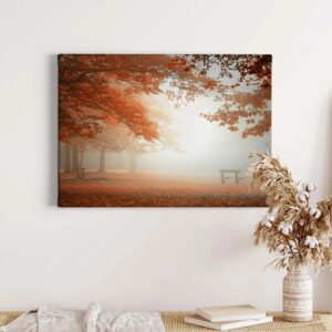 Bricoflor Leinwand Bild Mit Herbstwald Orange Braun Keilrahmen Bild Mit Wald Im Nebel Ideal Für Schlafzimmer Und Flur Herbst Leinwandbild Mit Parkbank