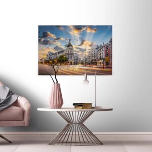 Bricoflor Leinwand Bild Mit Madrid Motiv Wandbild Mit Stadt Ideal Für Küche Und Wohnzimmer Gran Via Keilrahmenbild Auf Canvas Mit Sonnenuntergang