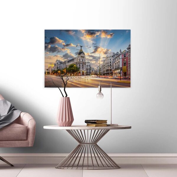 Bricoflor Leinwand Bild Mit Madrid Motiv Wandbild Mit Stadt Ideal Für Küche Und Wohnzimmer Gran Via Keilrahmenbild Auf Canvas Mit Sonnenuntergang