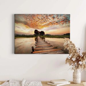 Bricoflor Leinwand Bild Mit Steg Am See Sonnenuntergang Leinwandbild In Pastellfarben Landschaft Wandbild In Abendstimmung Für Schlafzimmer Und Küche