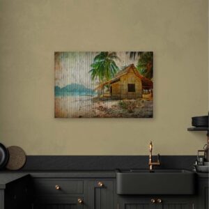 Bricoflor Leinwand Bild Mit Strandhaus Meer Wandbild Mit Strand Motiv In Holz Optik Buntes Leinwandbild Mit Palmen Ideal Für Küche Und Badezimmer