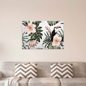Bricoflor Leinwand Bild Mit Tukan Und Hibiskus Modernes Keilrahmenbild In Grün Und Rosa Für Wohnzimmer Palmen Canvas Wandbild Mit Hawaii Blumen