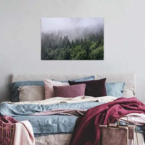 Bricoflor Leinwand Mit Wald Im Nebel Winter Wandbild Mit Tannen Ideal Für Schlafzimmer Canvas Bild Im Querformat Mit Landschaft In Grün Und Weiß