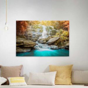 Bricoflor Leinwand Mit Wasserfall Im Herbstwald Buntes Wandbild Mit Herbst Motiv Für Schlafzimmer Und Badezimmer See Bild Auf Canvas Keilrahmen