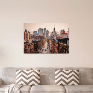 Bricoflor Leinwand New York Skyline Urbanes Wandbild In Beige Und Rosa Für Wohnzimmer Und Büro Canvas Leinwandbild Mit Sonnenuntergang Im Querformat