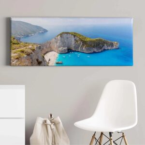 Bricoflor Leinwand Panorama Mit Meer Motiv Maritimes Wandbild Mit Insel Design Ideal Für Schlafzimmer Leinwandbild Mit Felsen Und Booten In Blau