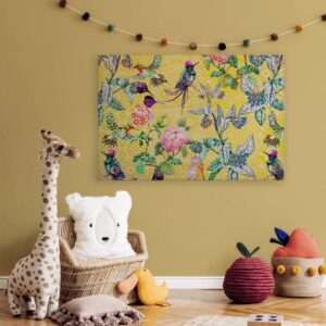 Bricoflor Leinwandbild Exotisch Gelbes Wandbild Mit Vögeln Und Blumen Mosaik Bild Bunt Ideal Für Schlafzimmer In 120 X 80 Cm