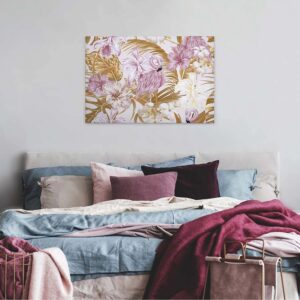 Bricoflor Leinwandbild Mit Flamingo Und Hibiskus Hawaii Blumen Bild Mit Palmenblättern In Gold Und Rosa Modernes Canvas Wandbild Im Tropischen Stil