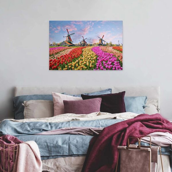 Bricoflor Leinwandbild Mit Tulpen Keilrahmen Bild Mit Windmühlen Ideal Für Schlafzimmer Und Küche Buntes Wandbild Mit Blumenwiese
