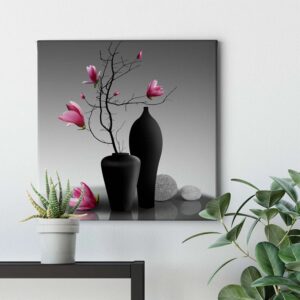 Bricoflor Magnolien Bild Auf Leinwand Wellness Wandbild Mit Blumen In Vase Und Steinen Florales Leinwandbild In Grau Und Pink Für Flur Und Badezimmer